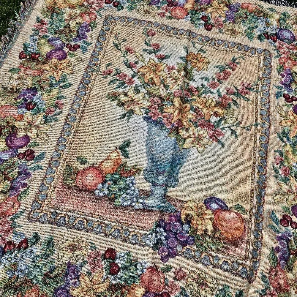 90s boho cottagecore floral fruits colorful tapestry